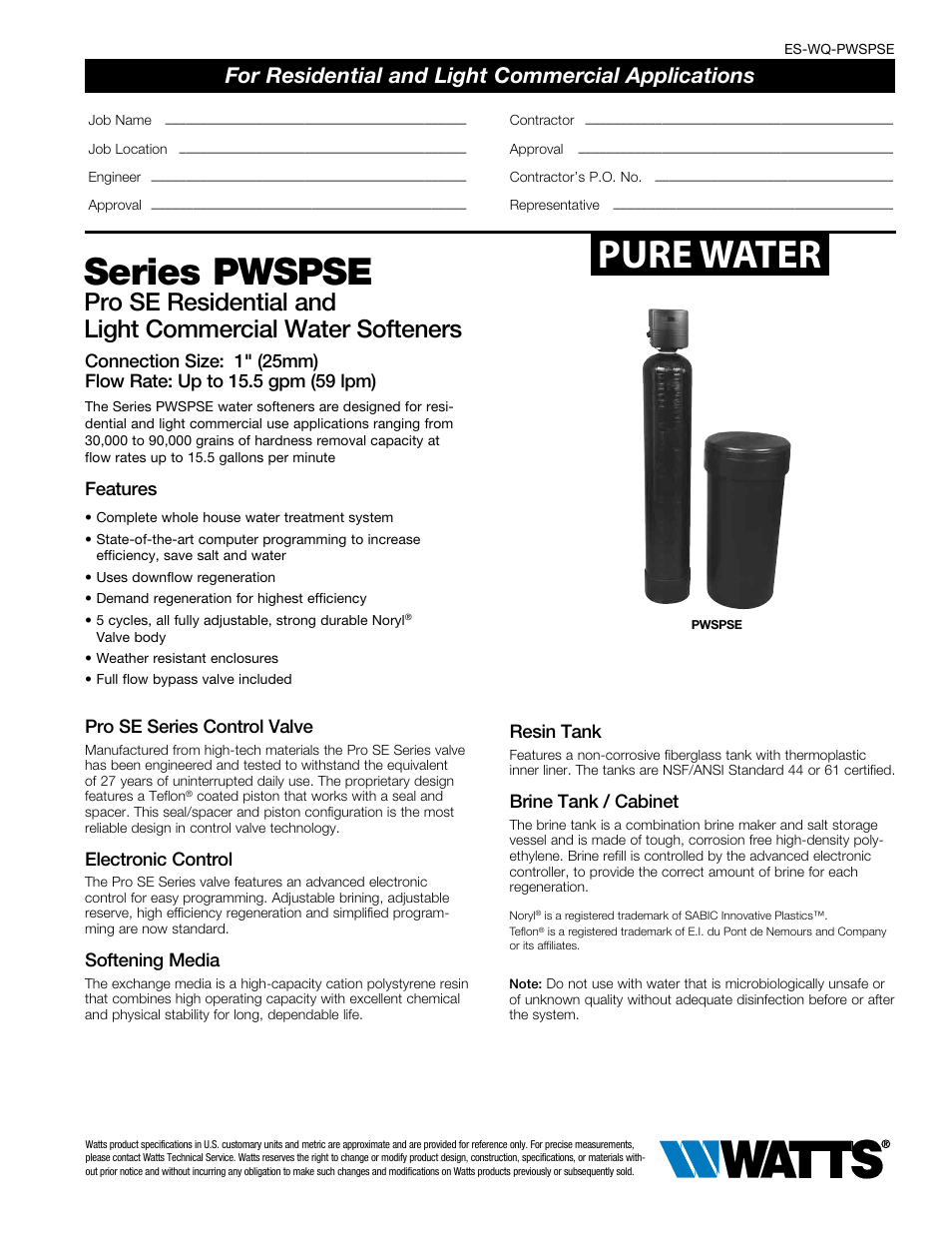 Watts PWSPSE User Manual | 2 pages