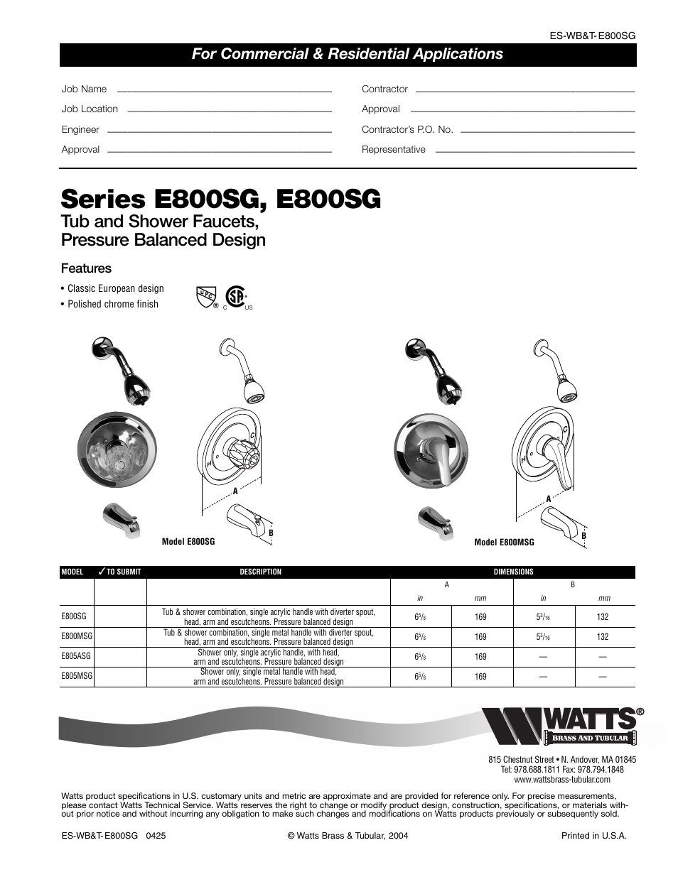 Watts E800MSG User Manual | 1 page