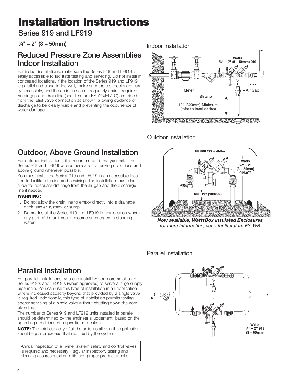 Installation instructions, Outdoor, above ground installation, Parallel installation | 2" (8 – 50mm) | Watts LF919 User Manual | Page 2 / 8