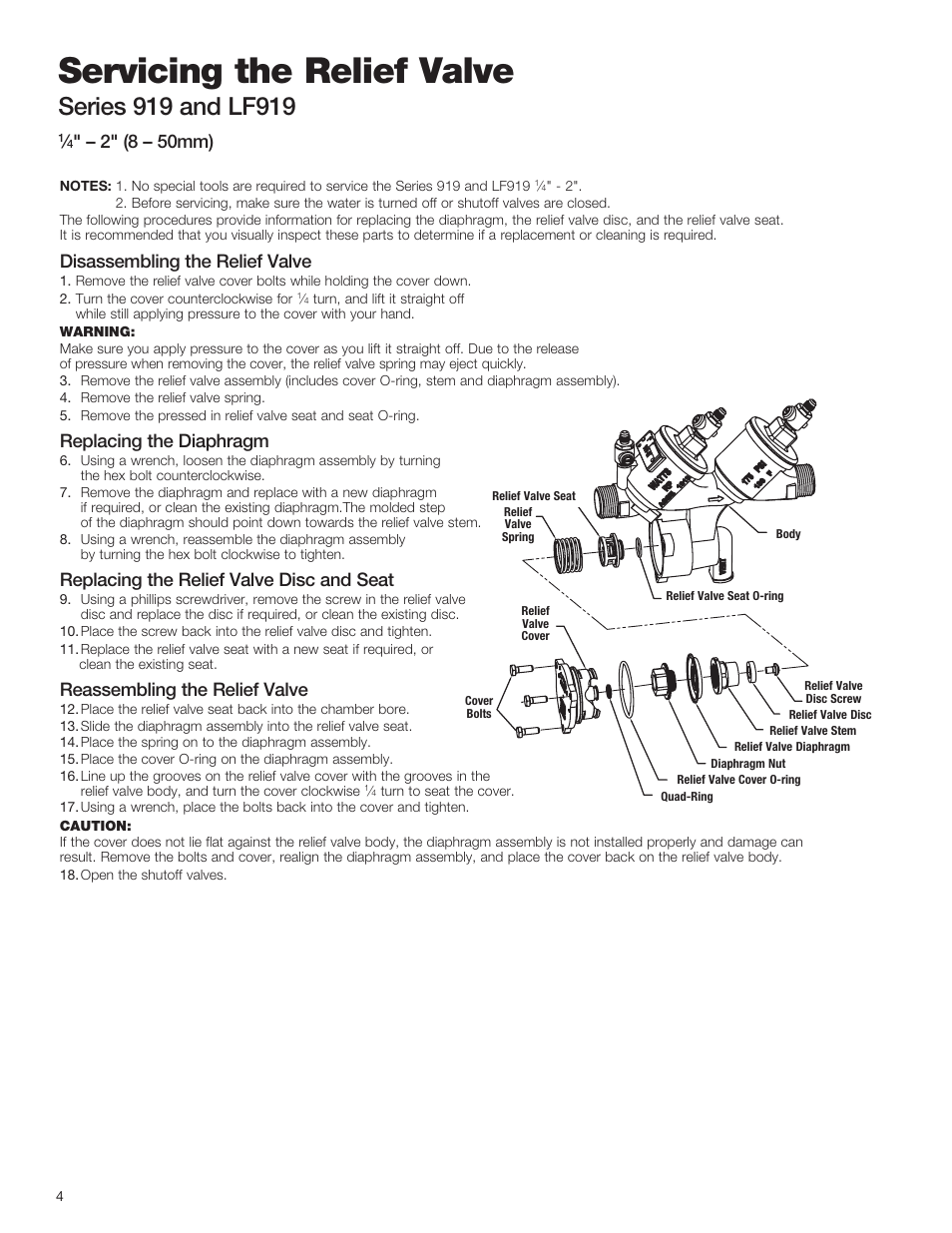 Servicing the relief valve, Disassembling the relief valve, Replacing the diaphragm | Replacing the relief valve disc and seat, Reassembling the relief valve, 2" (8 – 50mm) | Watts LF919 User Manual | Page 4 / 8