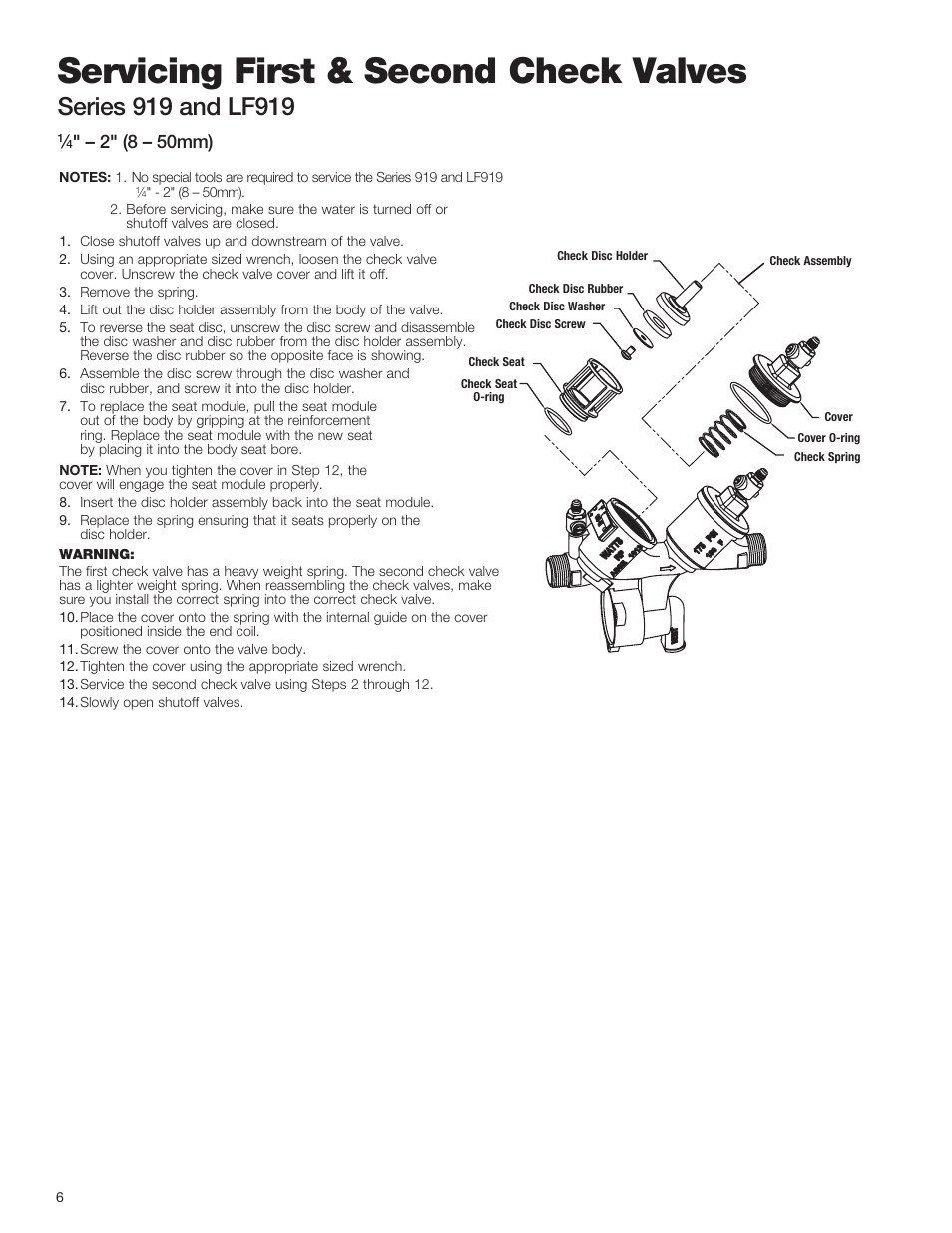 Servicing first & second check valves, 2" (8 – 50mm) | Watts LF919 User Manual | Page 6 / 8