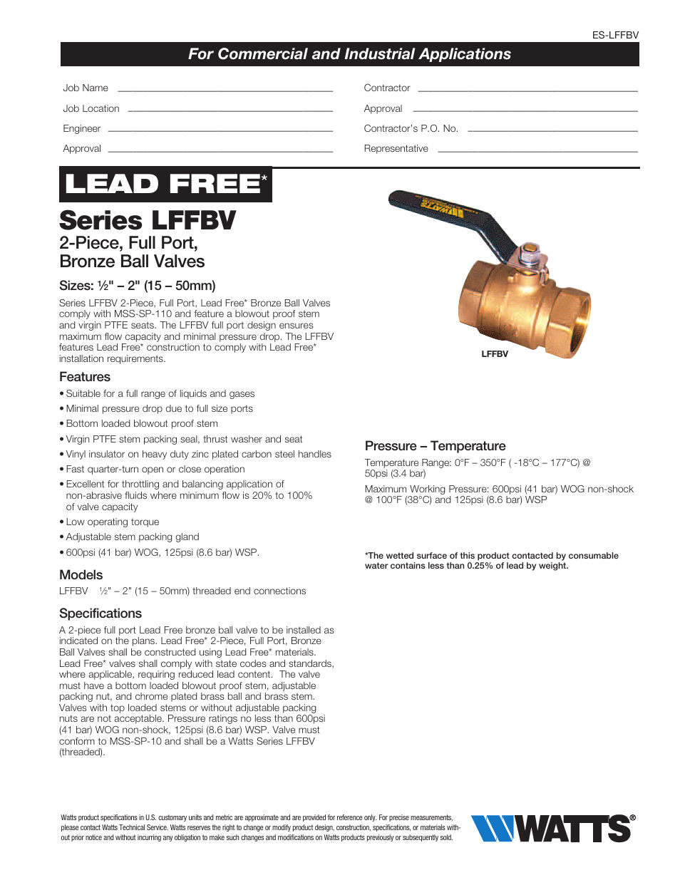 Watts LFFBV User Manual | 2 pages