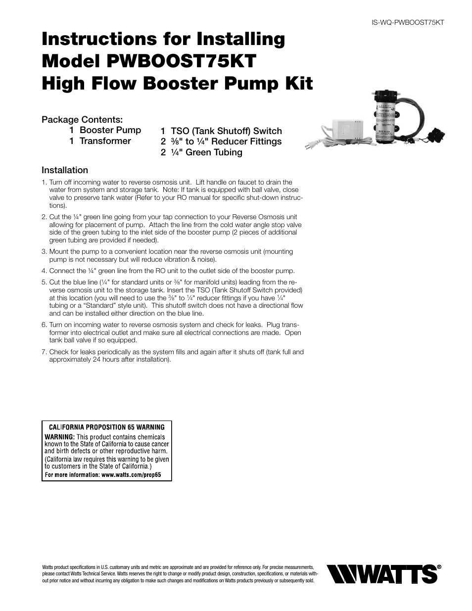 Watts PWBOOST75KT User Manual | 2 pages