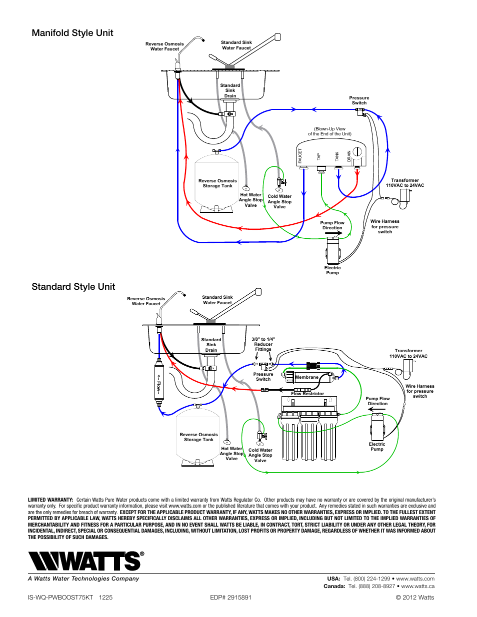Manifold style unit standard style unit | Watts PWBOOST75KT User Manual | Page 2 / 2