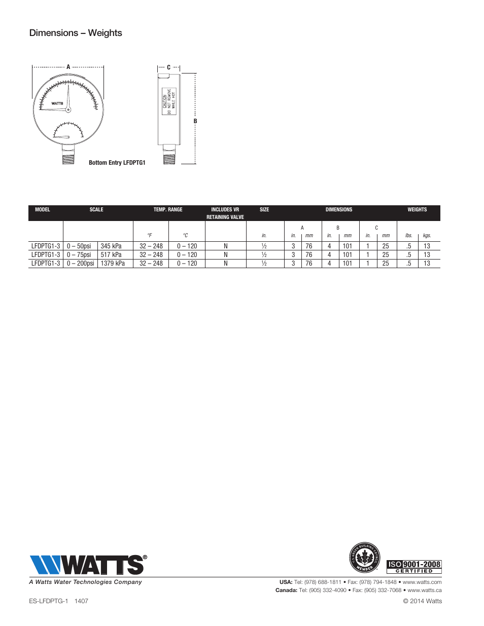 Dimensions – weights | Watts LFDPTG-1 User Manual | Page 2 / 2