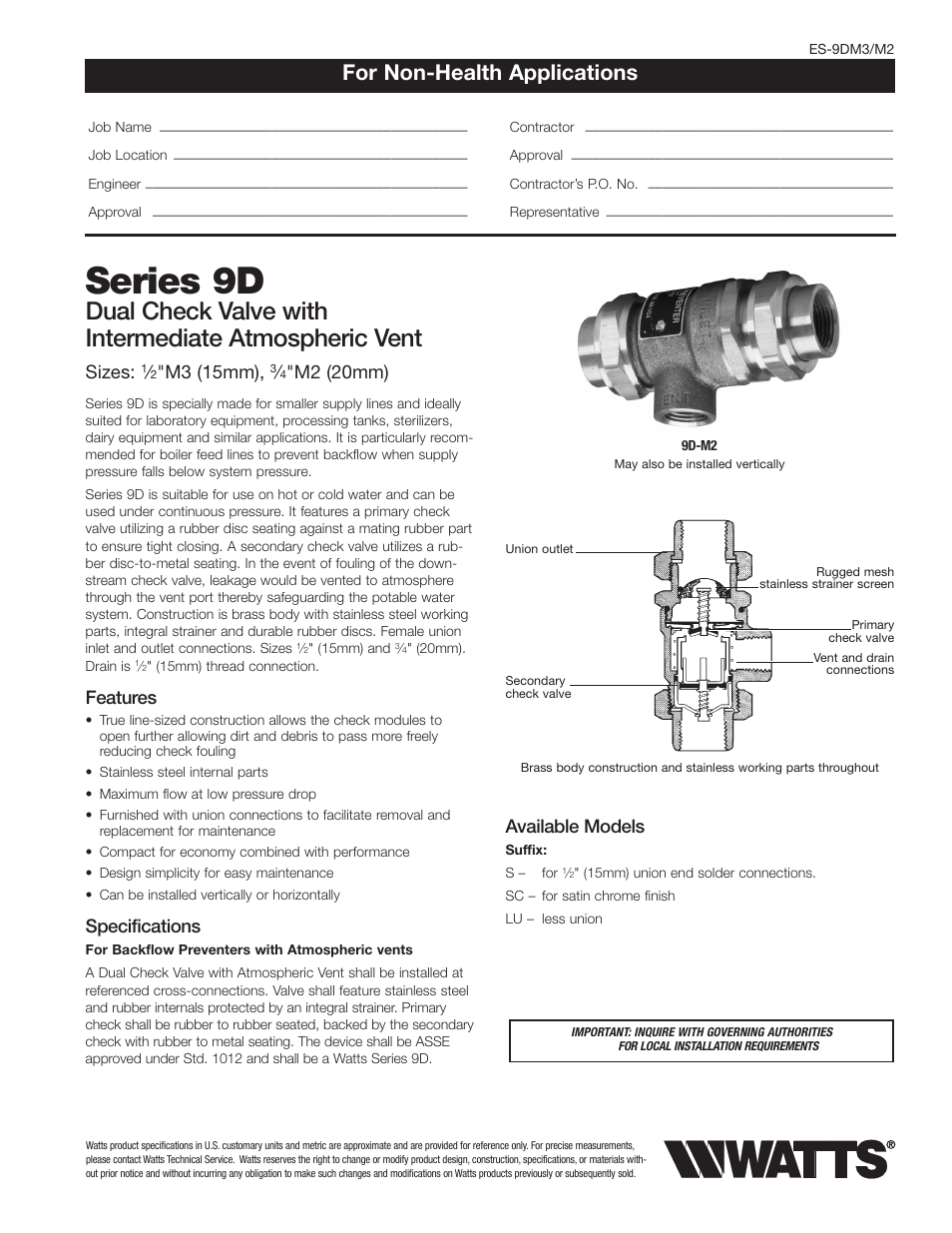 Watts 9D User Manual | 2 pages