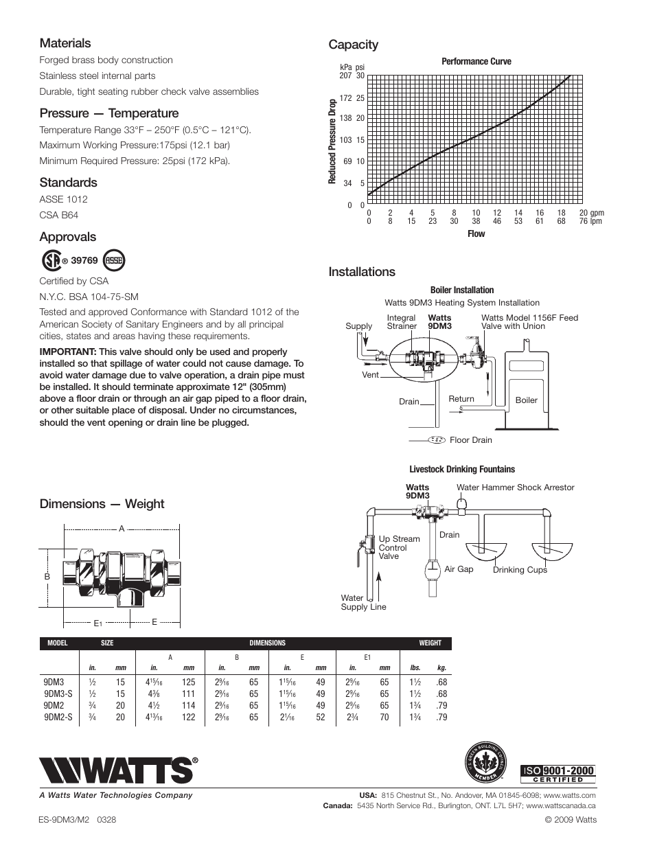 Materials, Pressure — temperature, Standards | Approvals, Capacity installations, Dimensions — weight | Watts 9D User Manual | Page 2 / 2