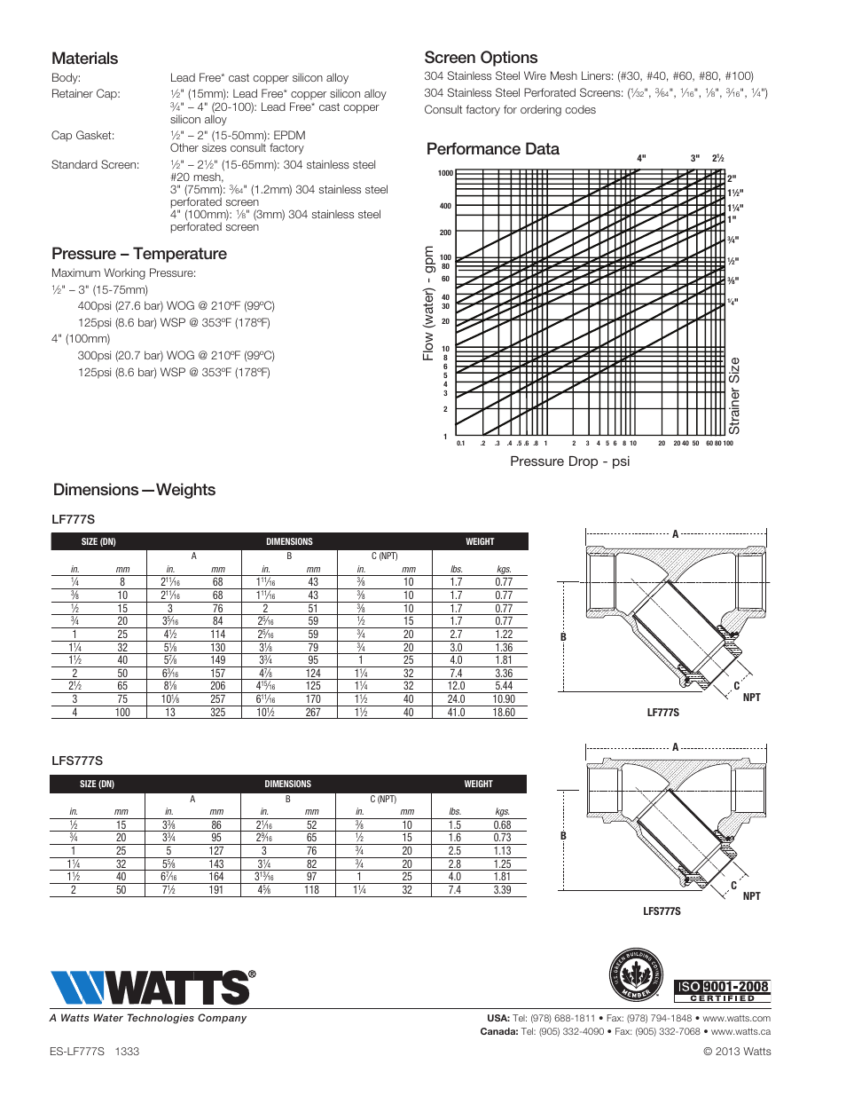 Screen options, Dimensions —weights, Performance data | Materials, Pressure – temperature, Strainer size, Flow (water) - gpm pressure drop - psi | Watts LFS777S User Manual | Page 2 / 2