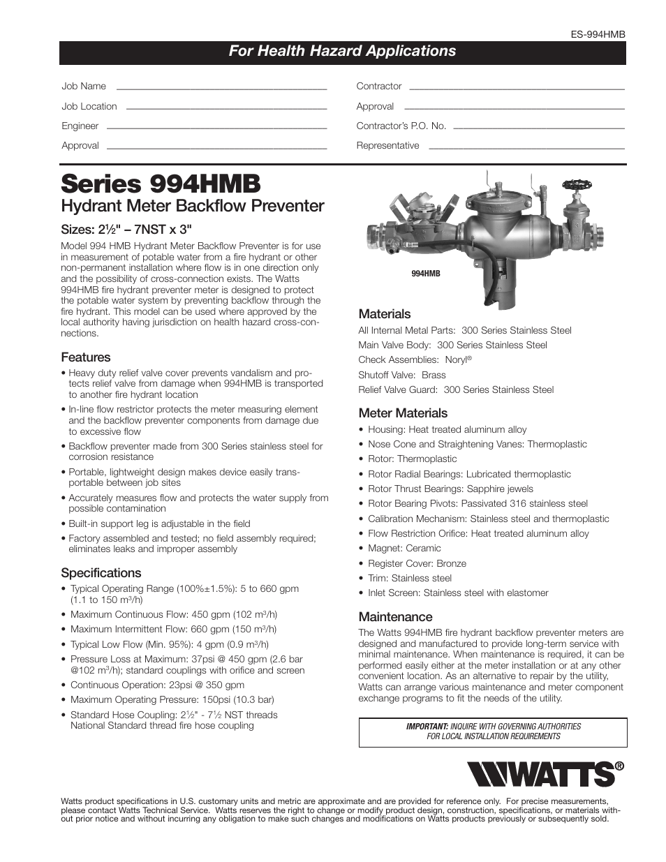 Watts 994HMB User Manual | 2 pages