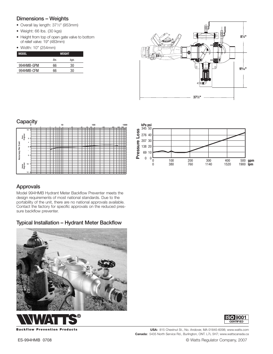 Dimensions – weights, Capacity approvals, Typical installation – hydrant meter backflow | Pr essur e loss, Overall lay length: 37 | Watts 994HMB User Manual | Page 2 / 2