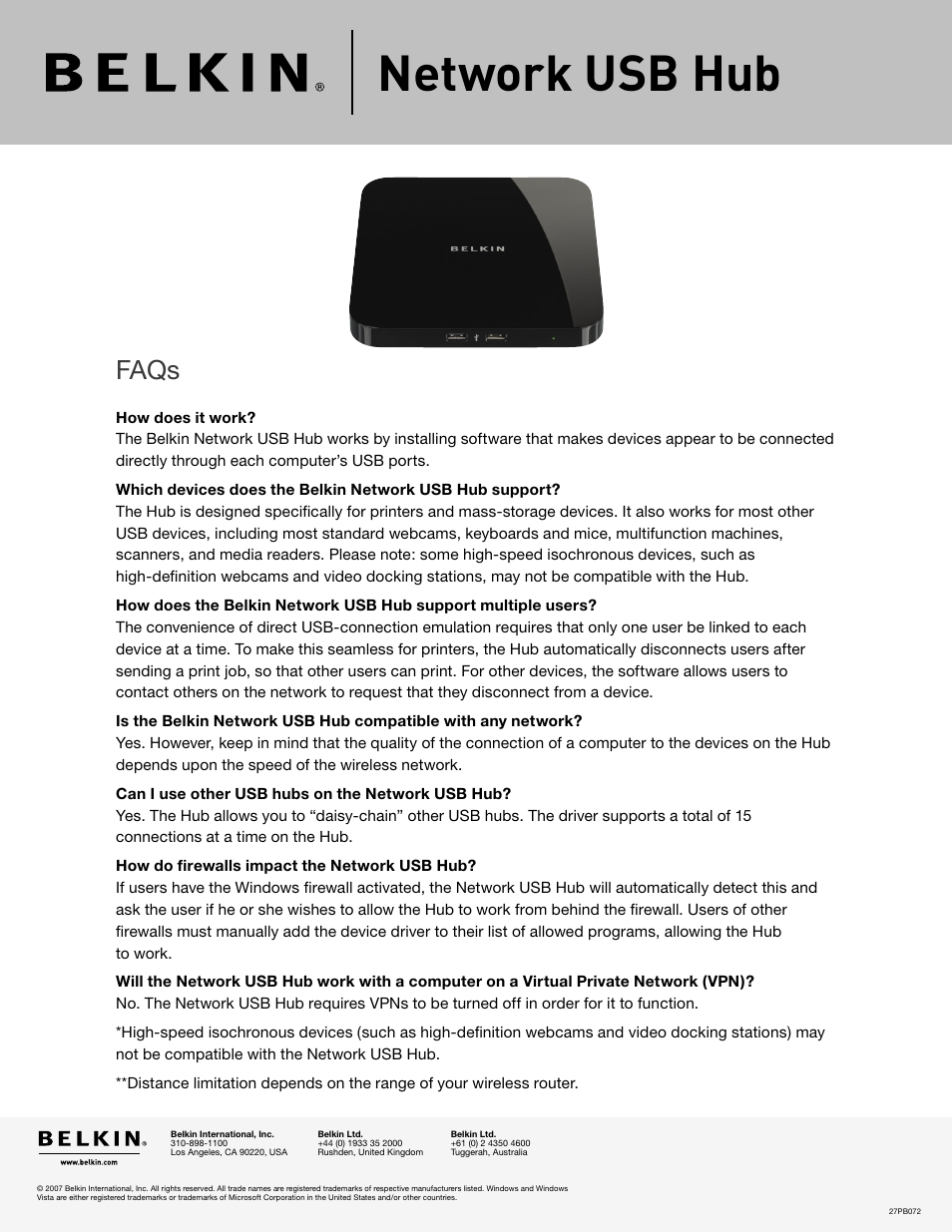 Network usb hub, Faqs | Belkin CableFree USB Hub User Manual | Page 2 / 2