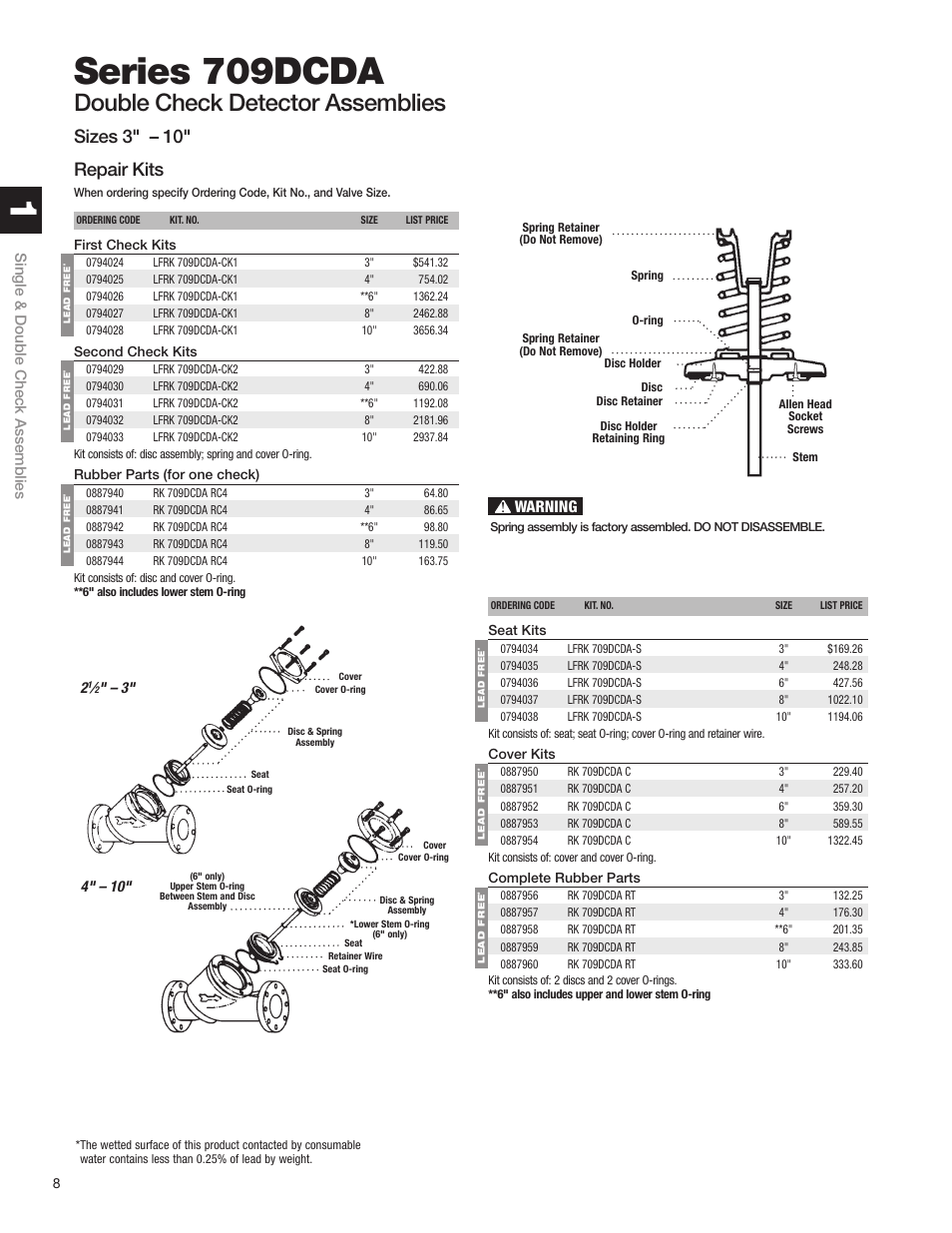 Series 709dcda, Double check detector assemblies, Sizes 3" – 10" repair kits | Warning | Watts S8 User Manual | Page 10 / 54