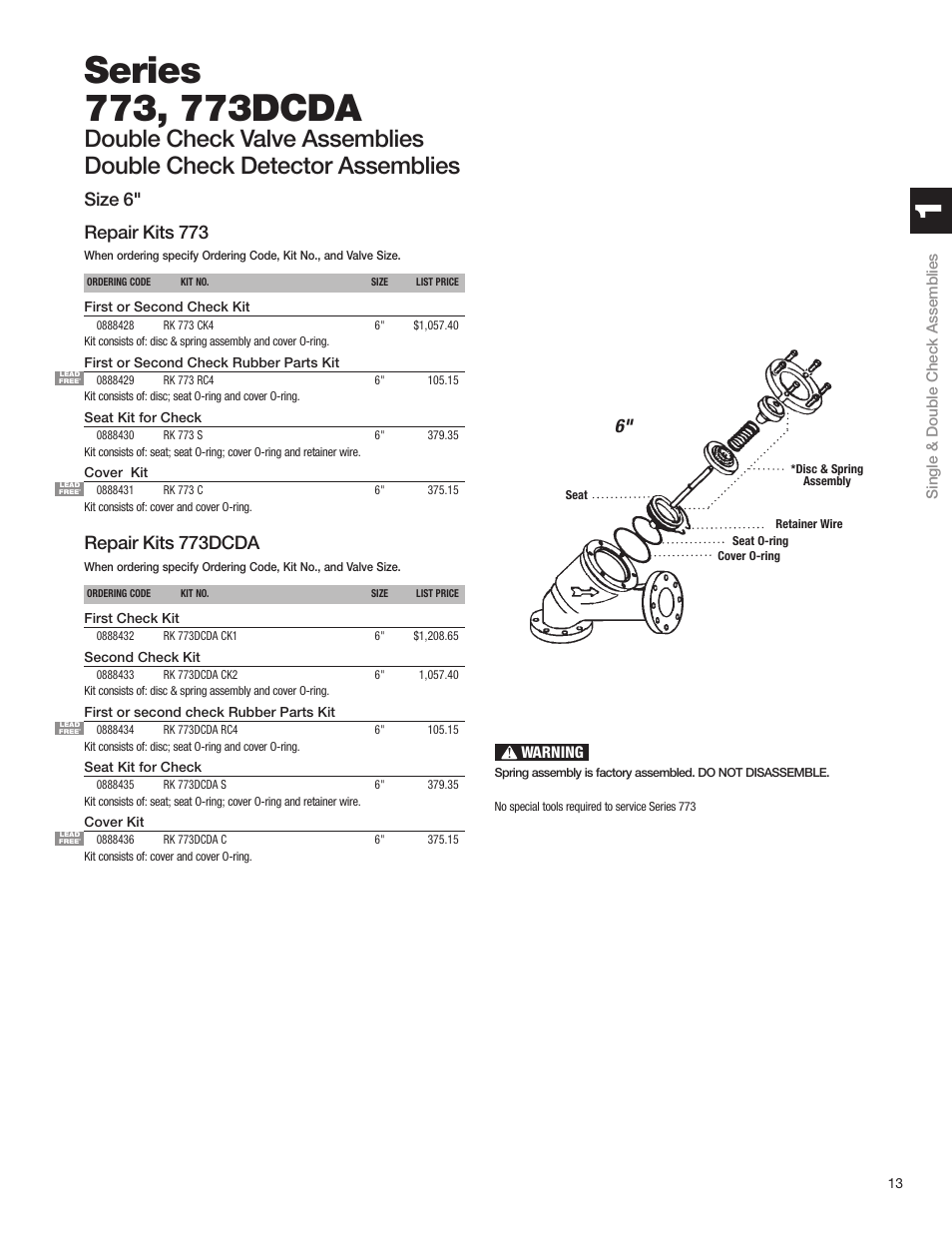 Size 6" repair kits 773, Repair kits 773dcda, Warning | Watts S8 User Manual | Page 15 / 54