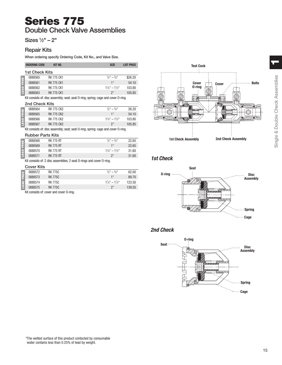 Series 775, Double check valve assemblies, Sizes | 2" repair kits, 1st check 2nd check, Single & double check assemblies | Watts S8 User Manual | Page 17 / 54