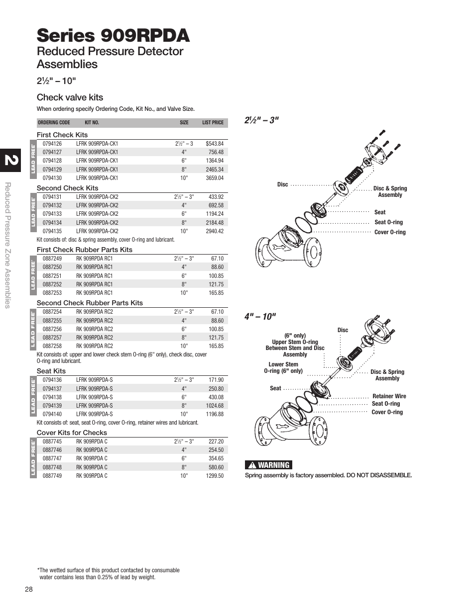 Series 909rpda, Reduced pressure detector assemblies, 10" check valve kits | Warning | Watts S8 User Manual | Page 30 / 54