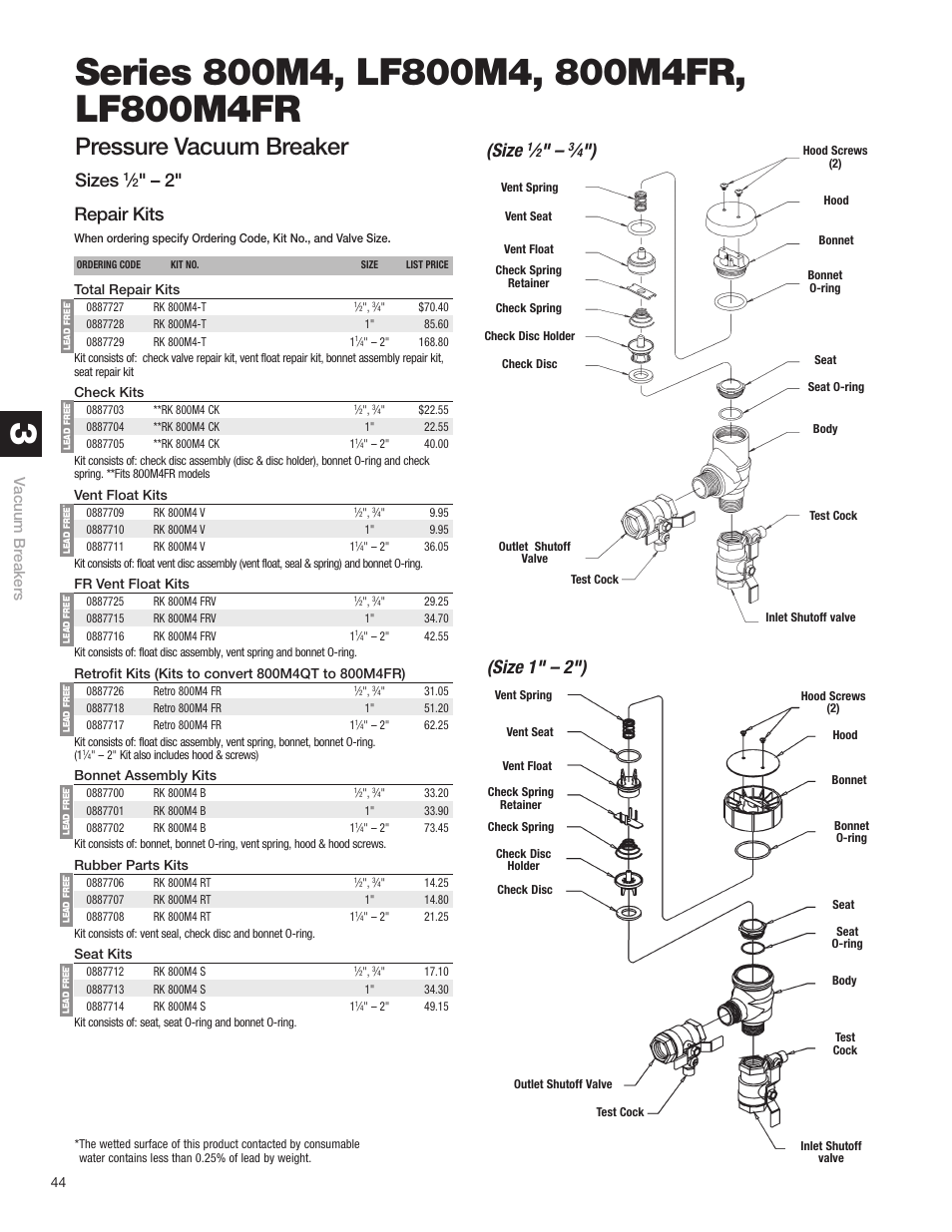 Pressure vacuum breaker, Sizes, Size | Size 1" – 2") repair kits, Vacuum breakers | Watts S8 User Manual | Page 46 / 54