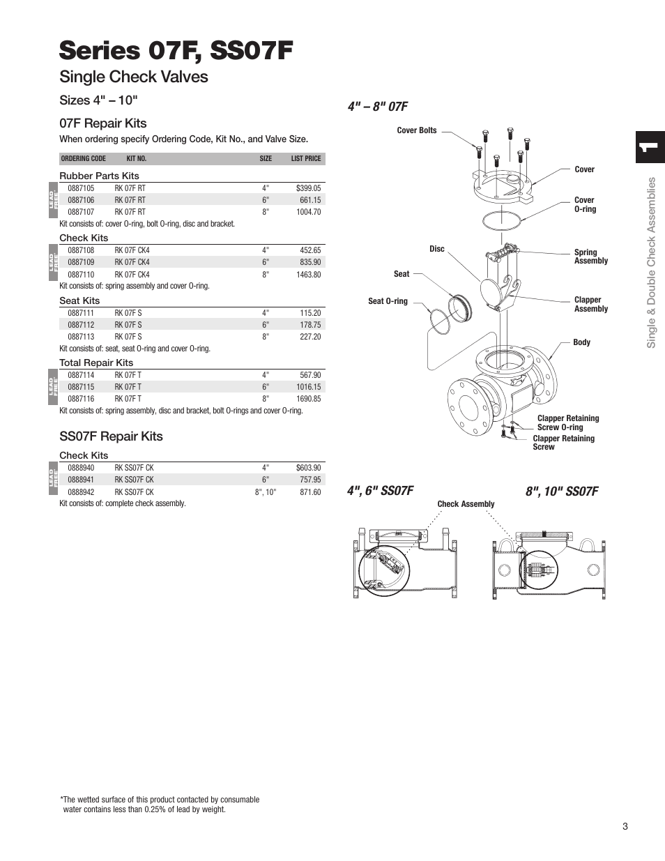 Series 07f, ss07f, Single check valves, Ss07f repair kits | 4" – 8" 07f, 4", 6" ss07f | Watts S8 User Manual | Page 5 / 54