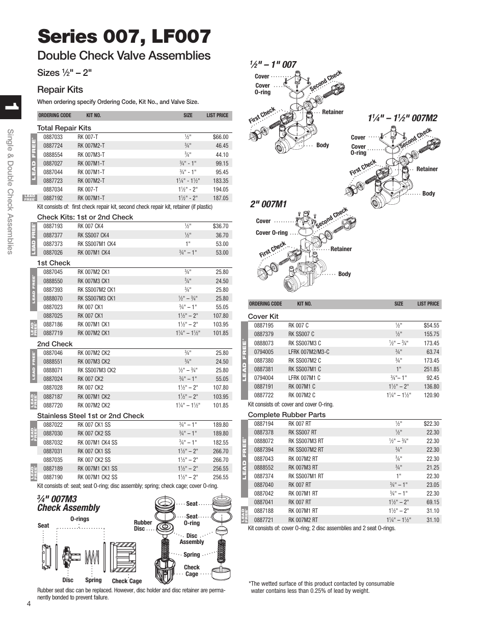 Double check valve assemblies, Sizes, 2" repair kits | 007m2, 007m3 check as sem bly, Single & double check assemblies | Watts S8 User Manual | Page 6 / 54