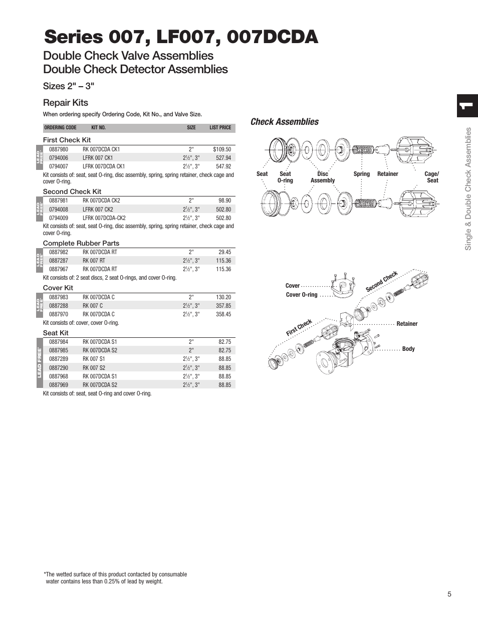 Sizes 2" – 3" repair kits, Check assemblies, Single & double check assemblies | Watts S8 User Manual | Page 7 / 54