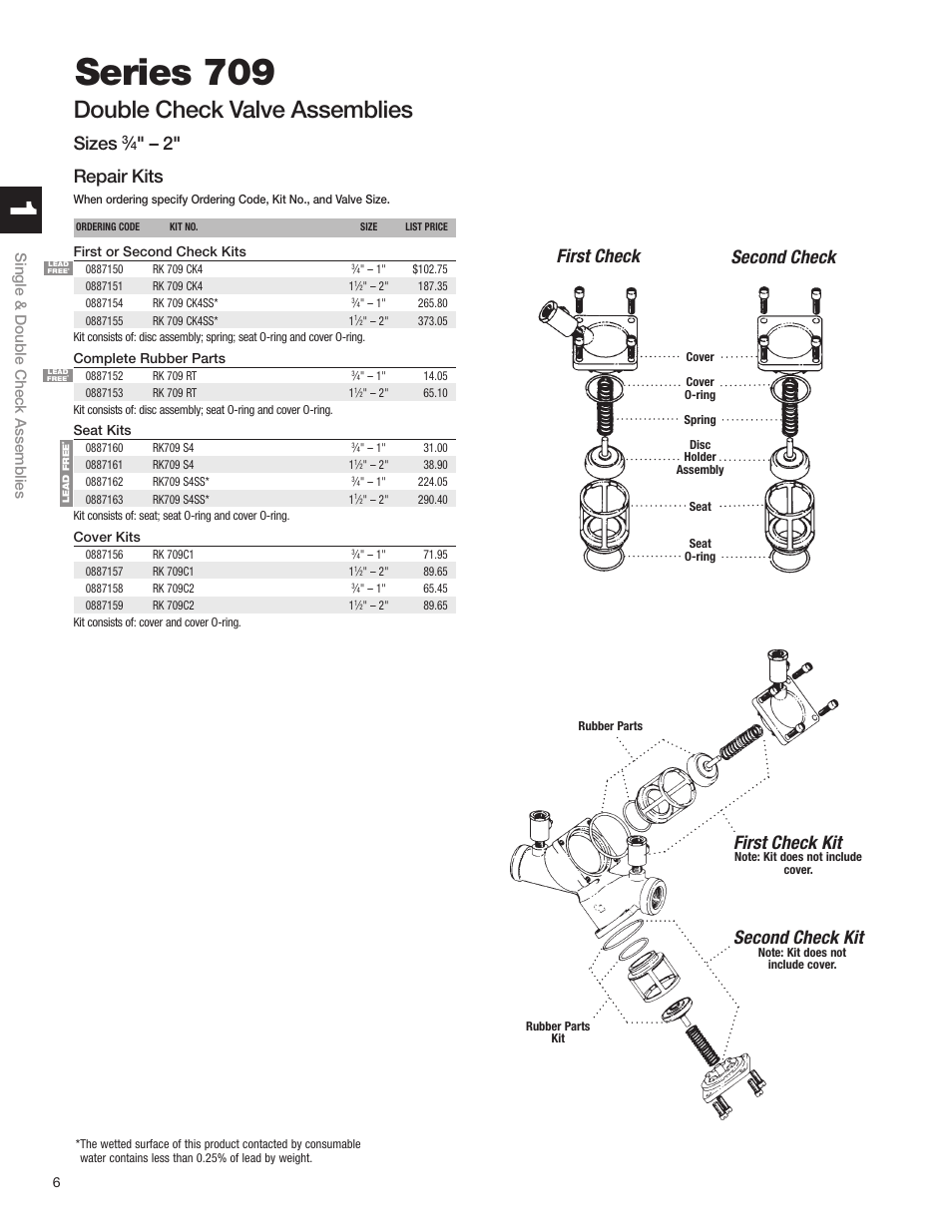 Series 709, Double check valve assemblies, Sizes | 2" repair kits, First check second check, First check kit, Second check kit | Watts S8 User Manual | Page 8 / 54