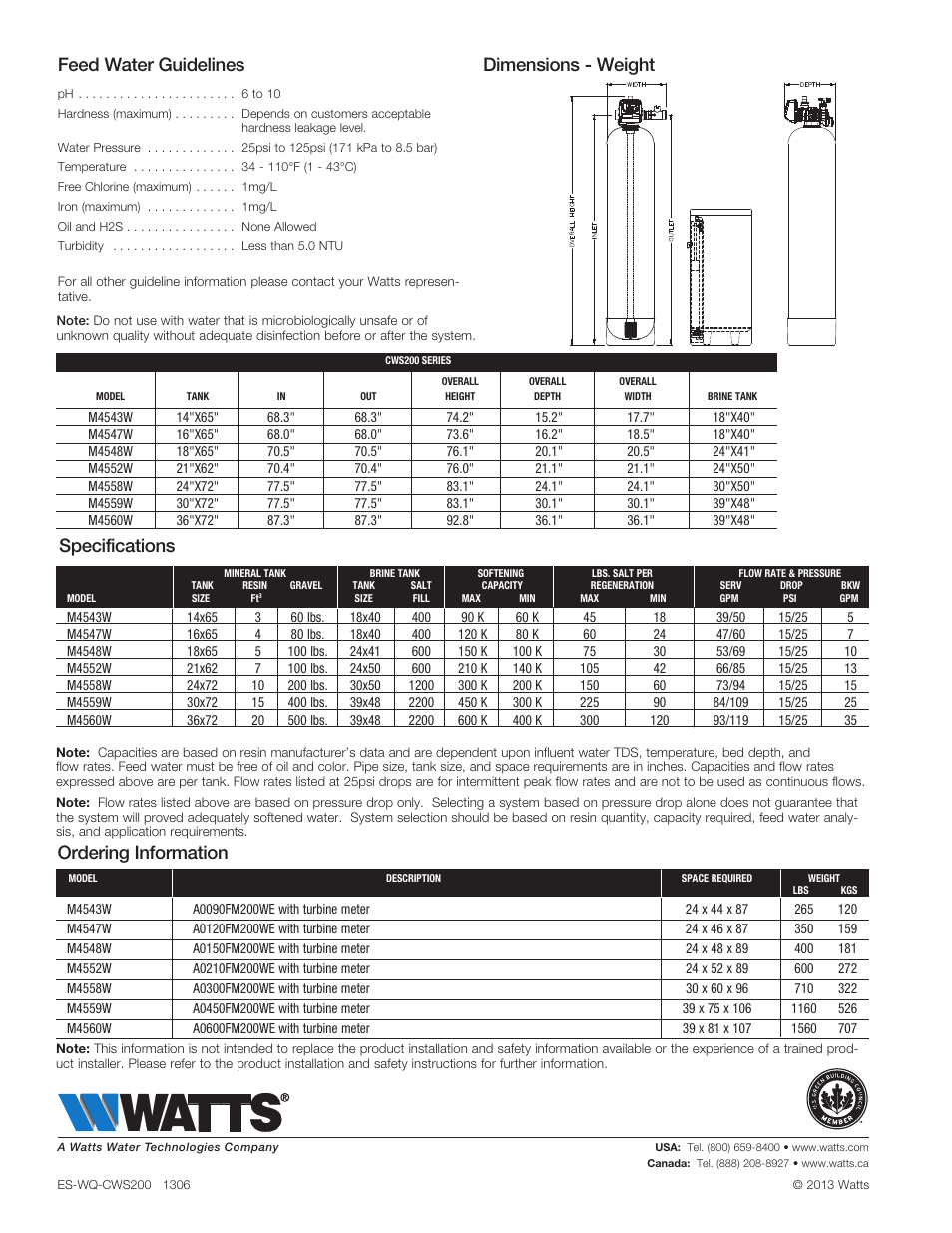 Feed water guidelines, Specifications, Dimensions - weight | Ordering information | Watts CWS200 User Manual | Page 2 / 2