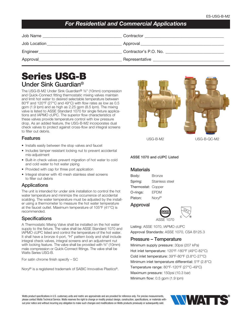 Watts USG-B User Manual | 2 pages