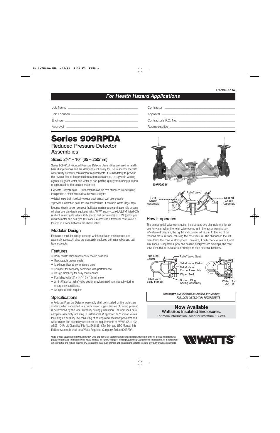 Watts 909RPDA User Manual | 4 pages