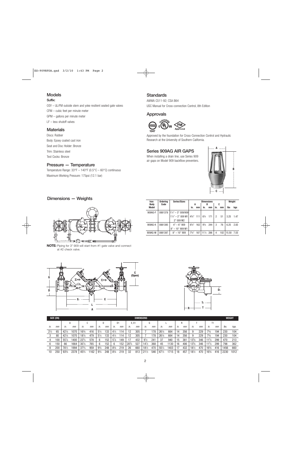 Standards, Approvals, Series 909ag air gaps | Dimensions — weights, Models, Materials, Pressure — temperature | Watts 909RPDA User Manual | Page 2 / 4