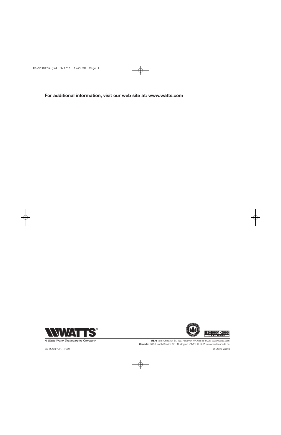 Watts 909RPDA User Manual | Page 4 / 4