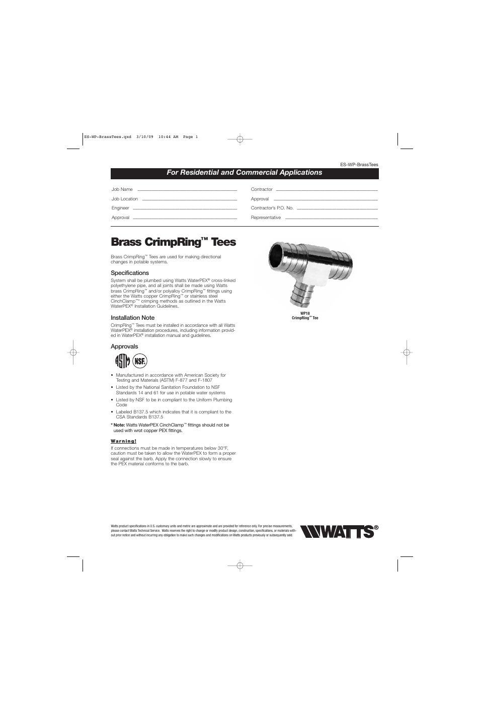 Watts WP18B User Manual | 2 pages