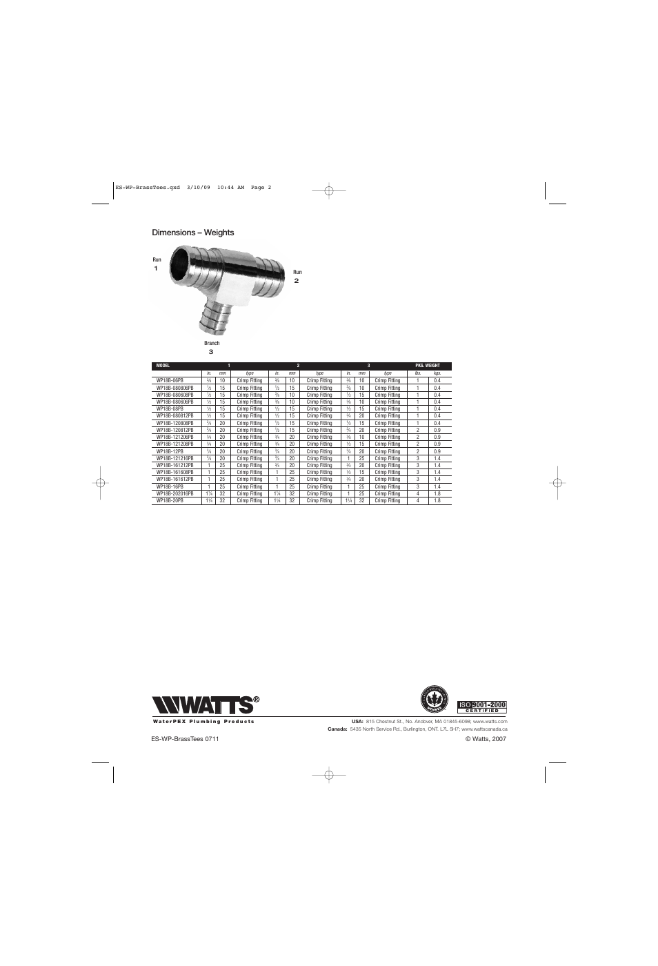 Dimensions – weights | Watts WP18B User Manual | Page 2 / 2