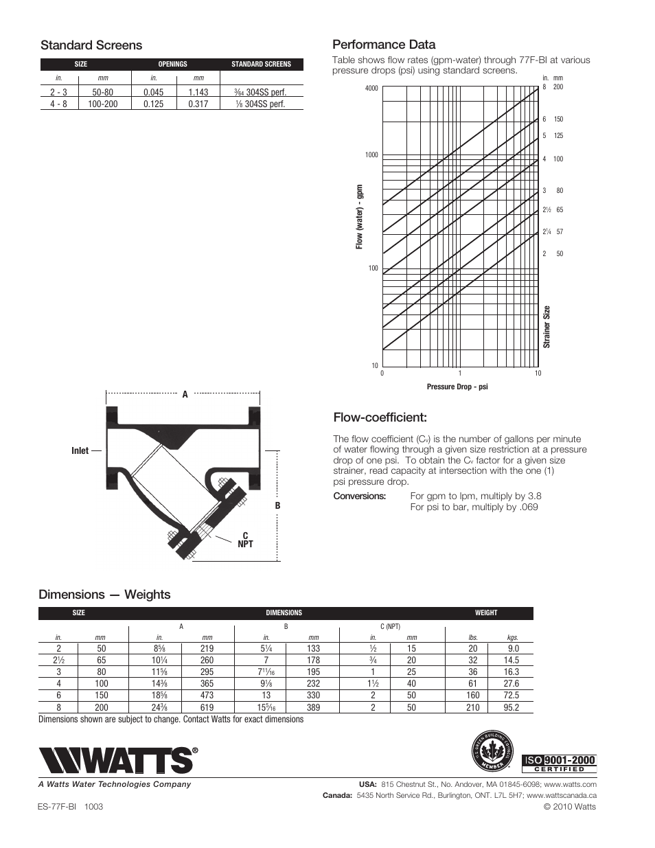 Flow-coefficient, Dimensions — weights, Performance data | Standard screens | Watts 77F-BI User Manual | Page 2 / 2