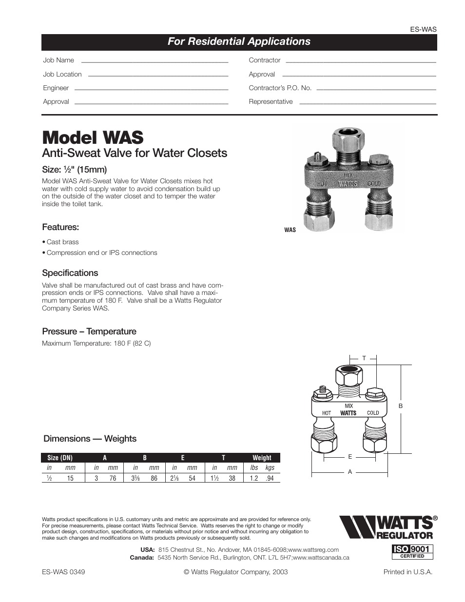 Watts WAS User Manual | 1 page