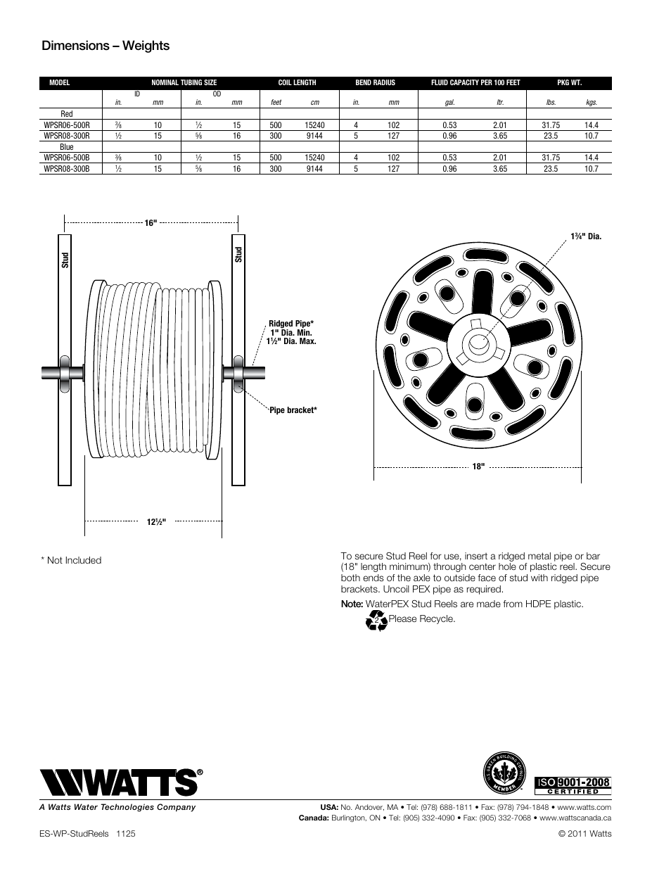 Dimensions – weights | Watts WPSR08-300R User Manual | Page 2 / 2