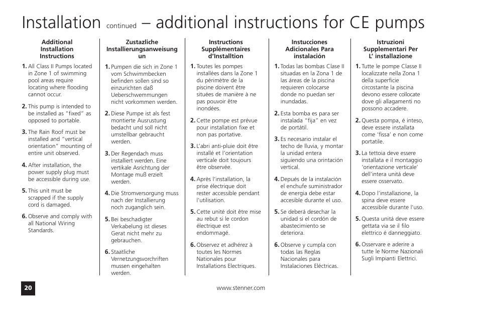 Installation, Additional instructions for ce pumps | Watts T55-85MHP40 User Manual | Page 20 / 48