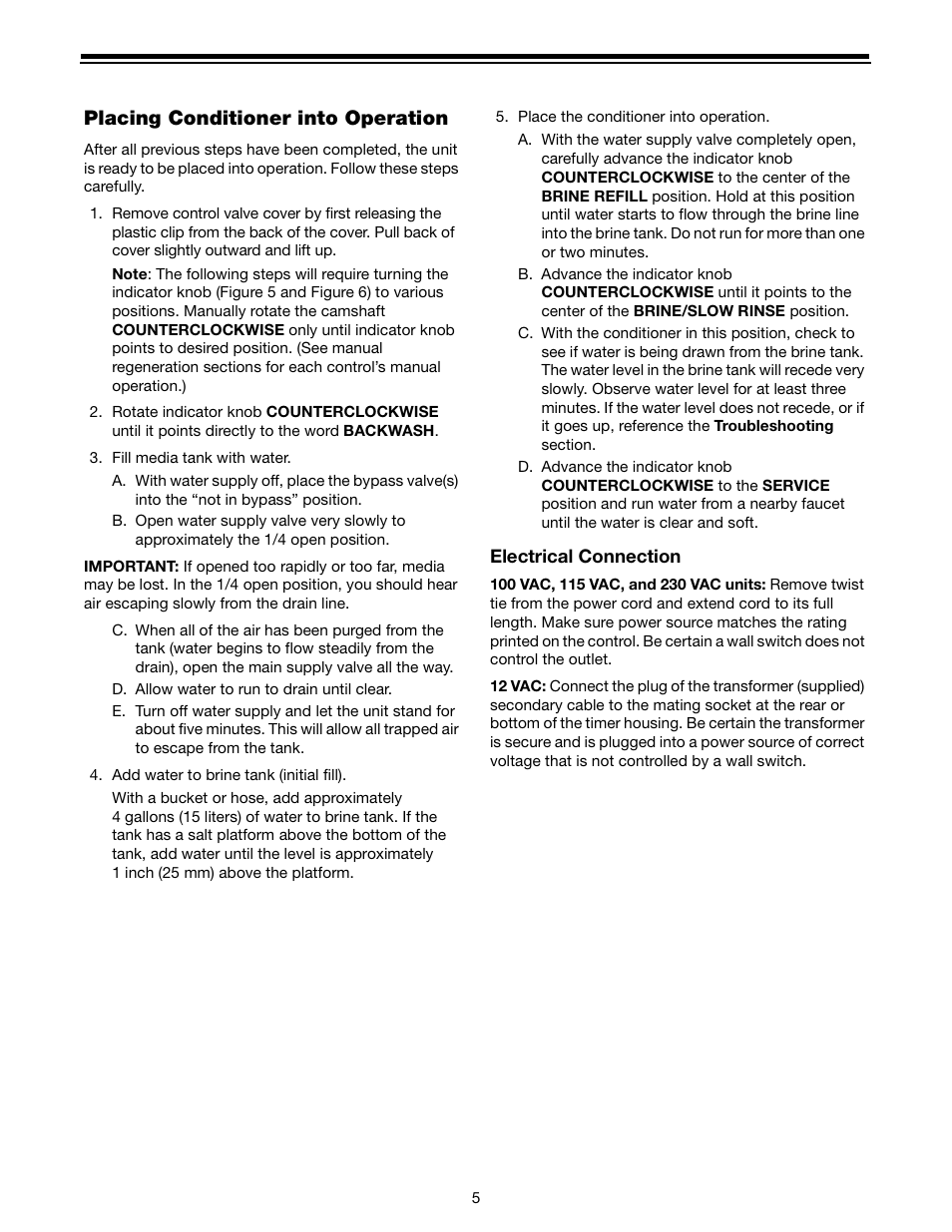Placing conditioner into operation | Watts N2050A User Manual | Page 5 / 24