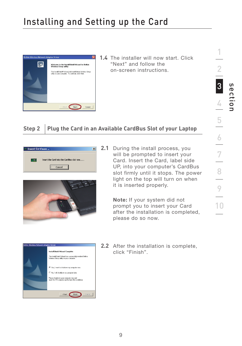 Installing and setting up the card | Belkin F5D7011 User Manual | Page 11 / 48