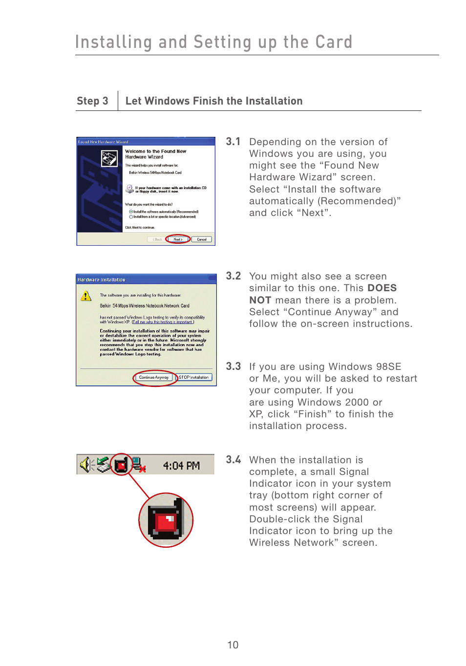 Installing and setting up the card | Belkin F5D7011 User Manual | Page 12 / 48