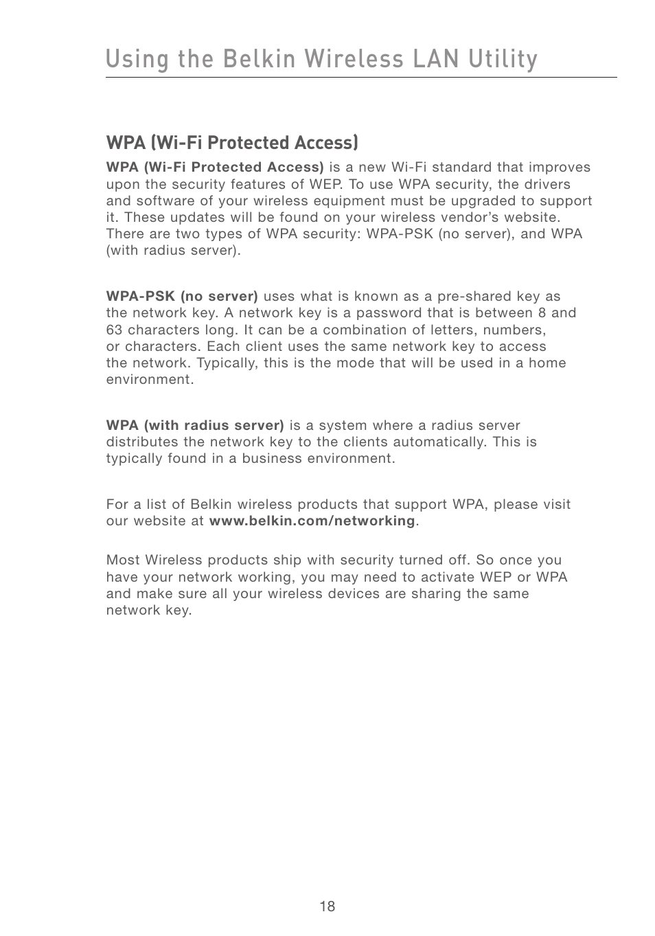Using the belkin wireless lan utility, Wpa (wi-fi protected access) | Belkin F5D7011 User Manual | Page 20 / 48