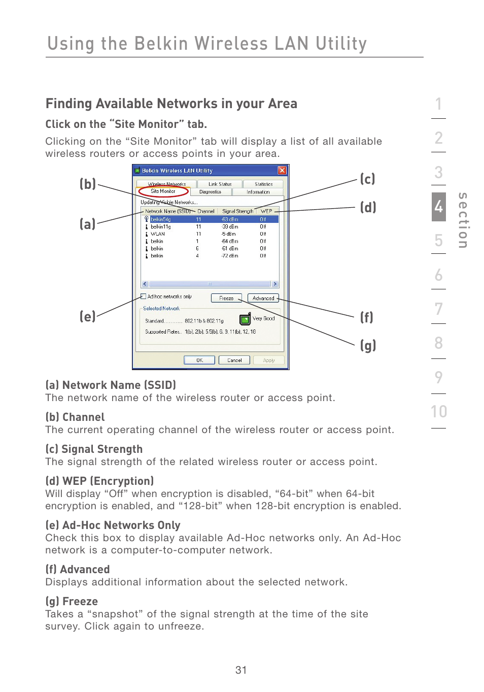 Using the belkin wireless lan utility, Se ct io n | Belkin F5D7011 User Manual | Page 33 / 48
