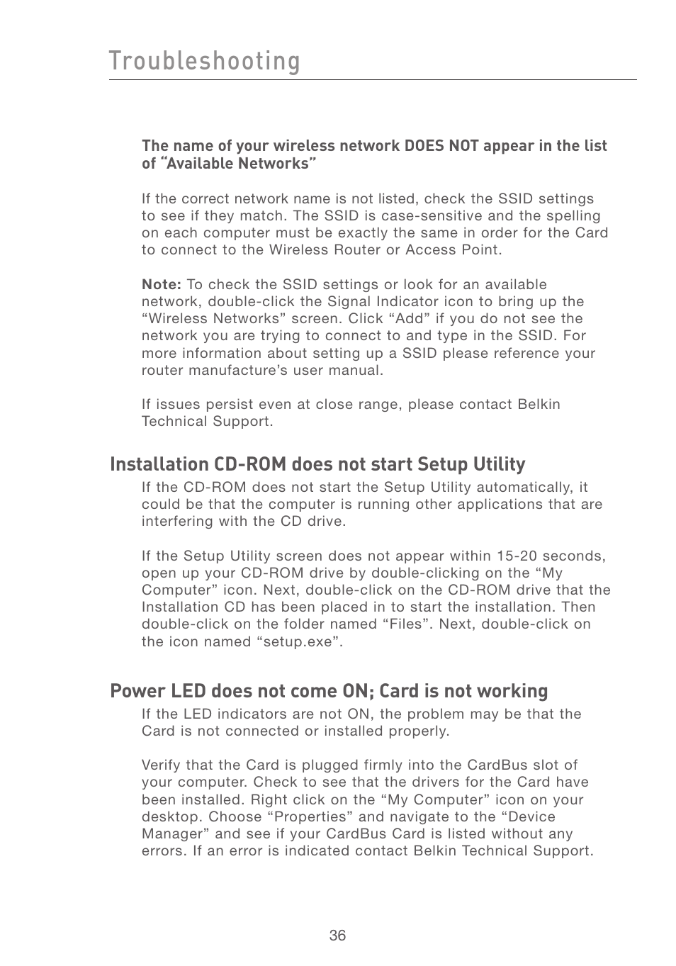 Troubleshooting, Installation cd-rom does not start setup utility, Power led does not come on; card is not working | Belkin F5D7011 User Manual | Page 38 / 48