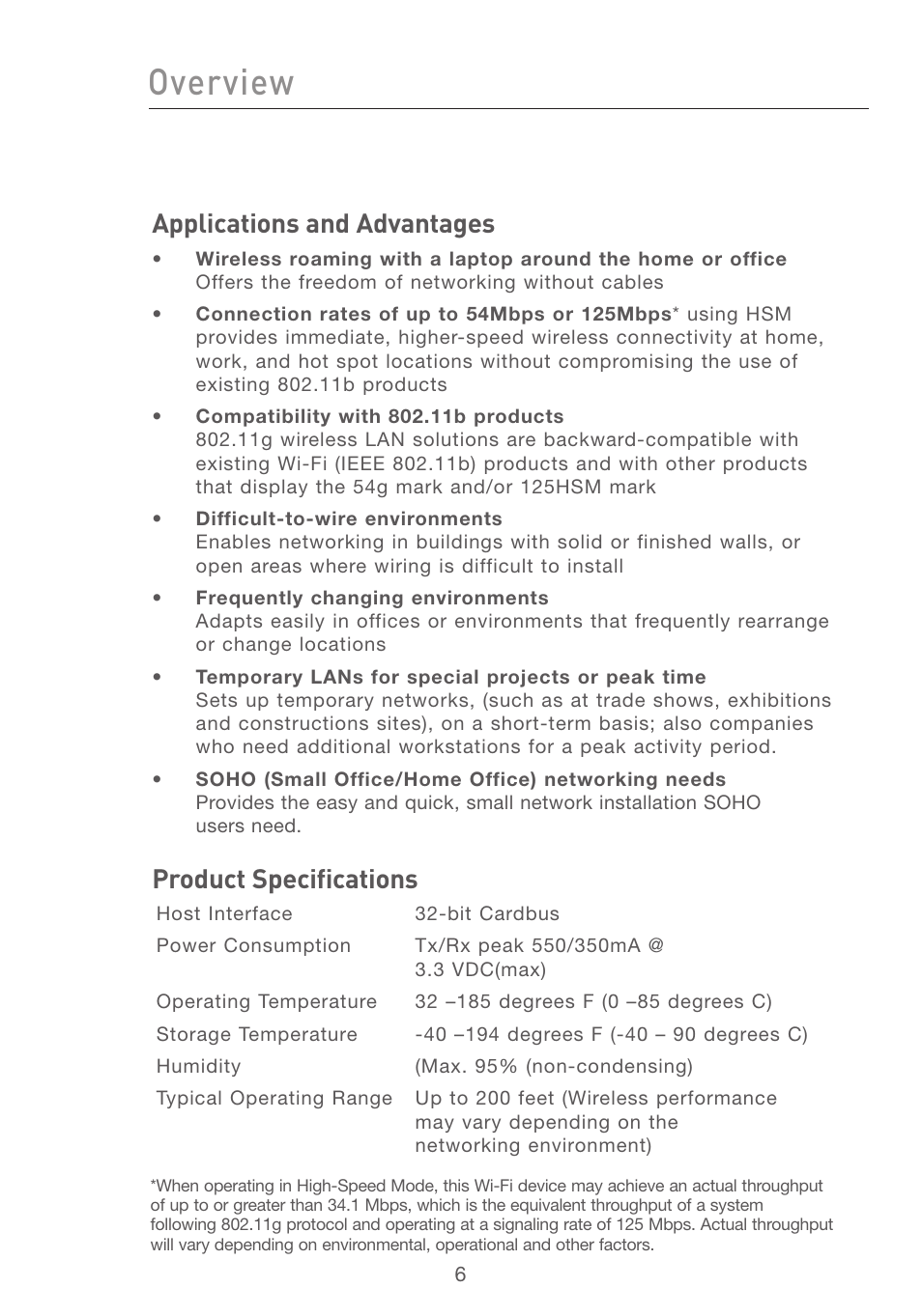 Overview, Applications and advantages, Product specifications | Belkin F5D7011 User Manual | Page 8 / 48