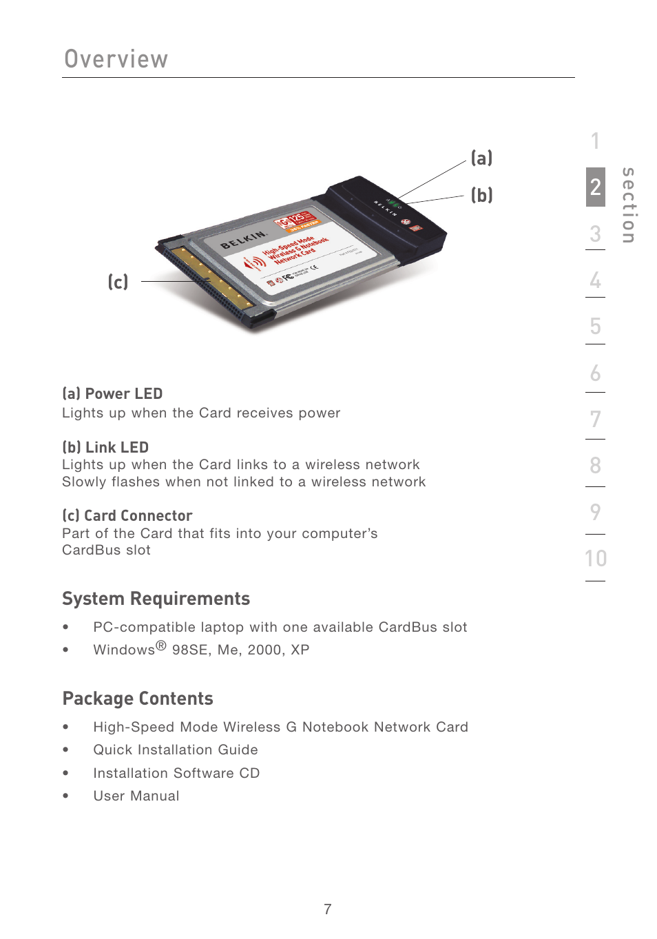 Overview, Se ct io n | Belkin F5D7011 User Manual | Page 9 / 48