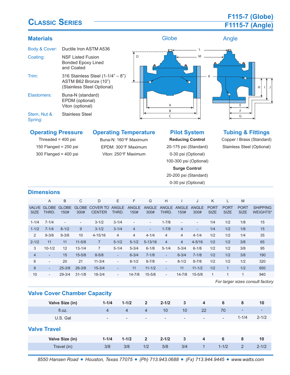 Lassic, Eries, Materials | Globe angle | Watts F1115-7 User Manual | Page 2 / 8