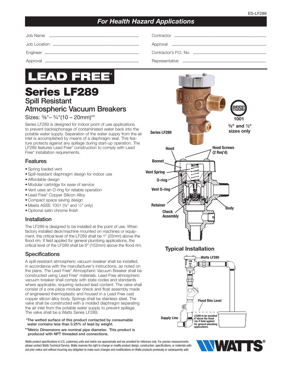 Watts LF289 User Manual | 2 pages