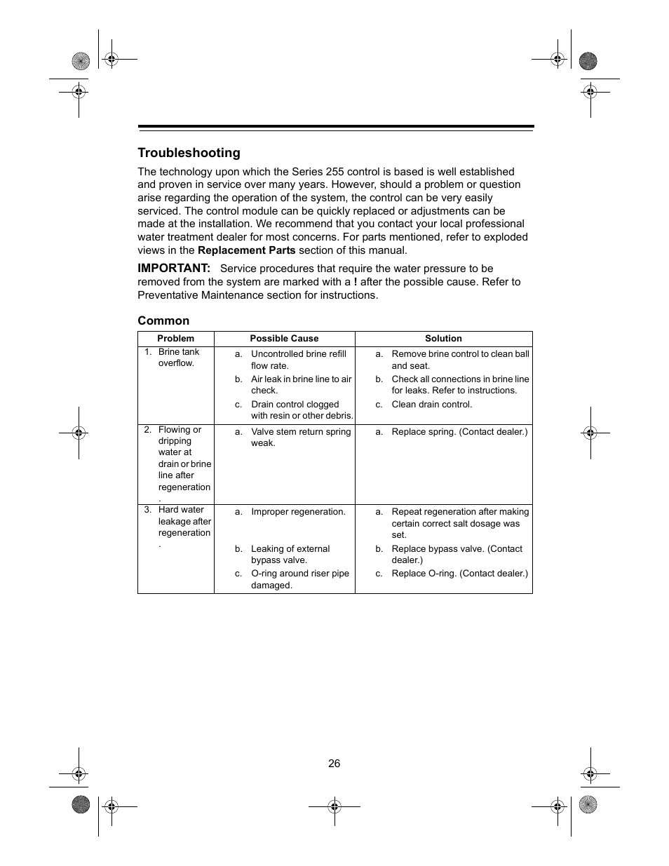 Troubleshooting, Common, Important | Watts Autotrol 255 (400 Series) User Manual | Page 26 / 32