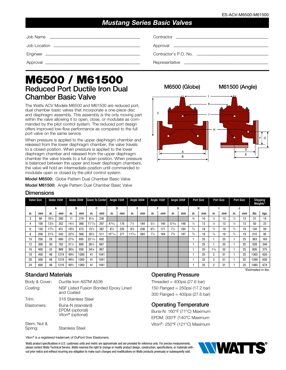 Watts M6500 / M61500 User Manual | 2 pages