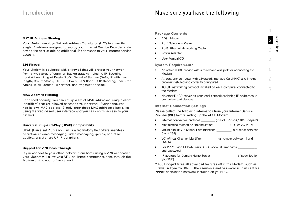 Introduction make sure you have the following, Se ct io n | Belkin High Speed ADSL2+ Modem F5D5730au User Manual | Page 3 / 30