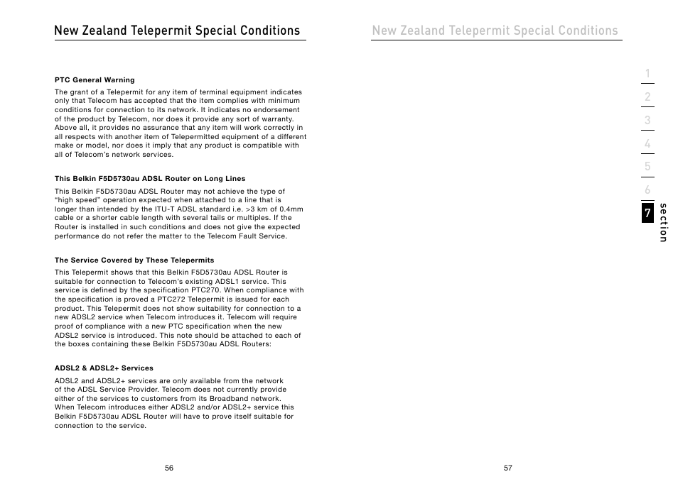 New zealand telepermit special conditions | Belkin High Speed ADSL2+ Modem F5D5730au User Manual | Page 30 / 30