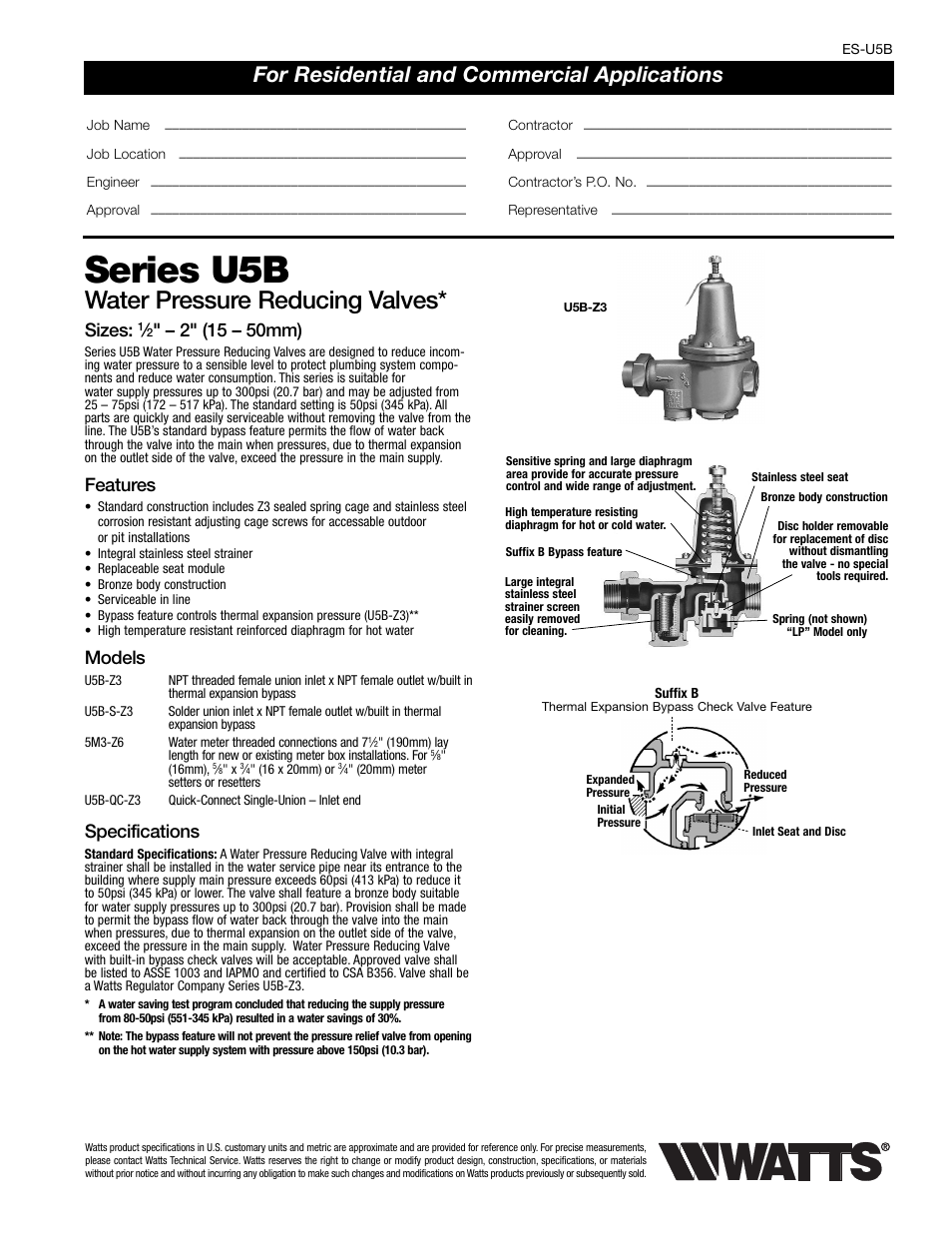 Watts U5B-Z3 User Manual | 2 pages